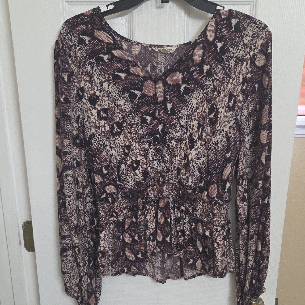 Tan and Brown Ruffled Blouse with Buttoned Front